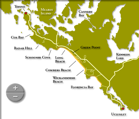 map from tofino to ucluelet with long beach, pacific rim national park