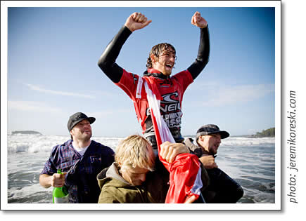 tofino surfer pete devries after his win of the o'neill cold water classic canada 2009 surfing competition in Tofino.