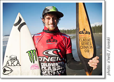 tofino surfer peter devries with the 2009 oneill cold water classic canada trophy