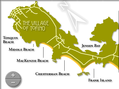 Tofino Map: Tofino beaches on Esowista Peninsula from Tofino to Cox Bay