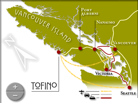 map of vancouver island with tofino, port alberni, nanaimo and victoria